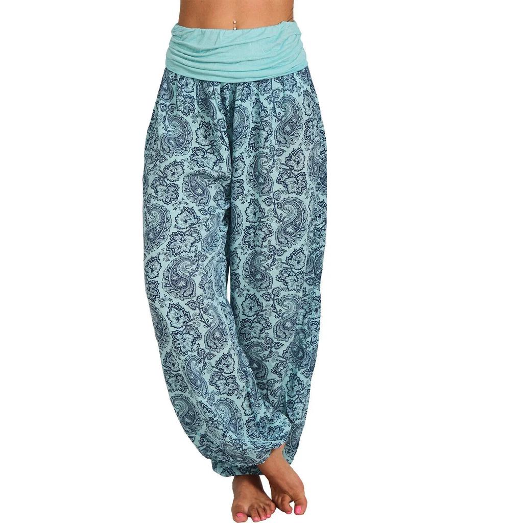 Damskie Bohemian Haremki Elastyczny Pas Szeroka Nogawka Długie Spodnie Vintage Wzór Spodnie Damskie Luźne Rybaczkowe Damskie Streetwear