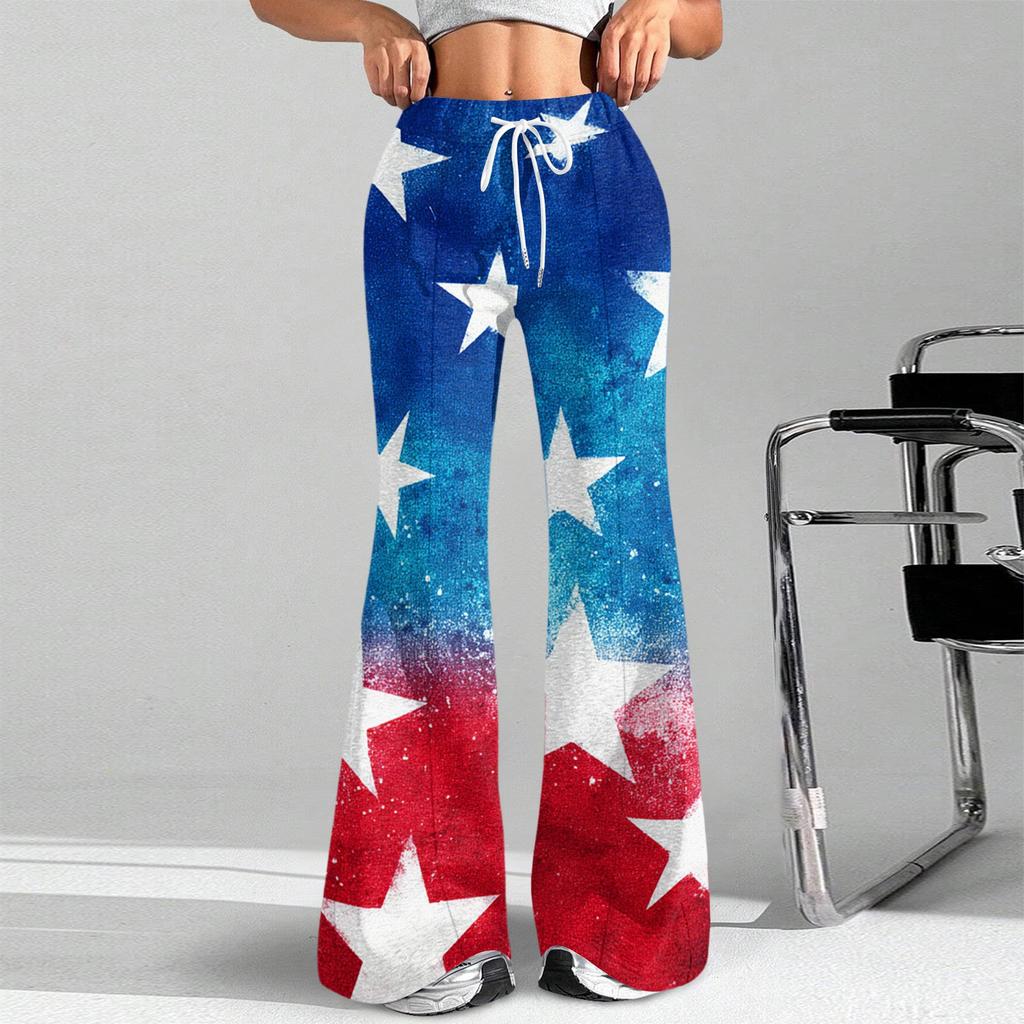 Women's Fashion Loose Drawstring Tight Waist Independence Day Printed Casual Sports Pants Casual Flared Pants