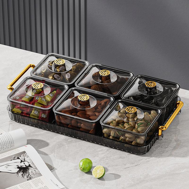 2/4/6 Grid Acrylic Snack Platter With Lid Fruit Plate Partition Platter Living Room New Year Dried Fruit Tray Candy Storage Box