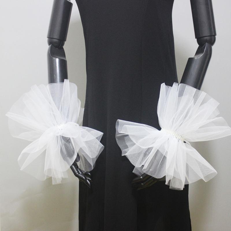 White Tulle Ribbon Bridal Wristband Ruffled Bracelet Party Mesh Sleeves Fake Cuffs Costume Performances Accessory