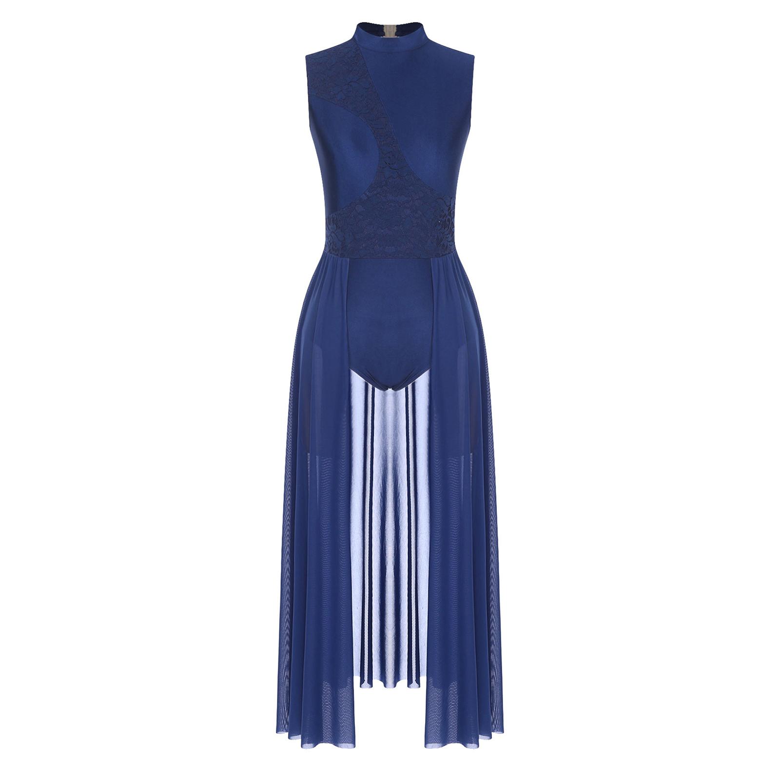 Inlzdz Dames Bloemenkant Lyrisch Dansjurk Mock Neck Open Rug Mouwloze Turnpakje Podium Performance Kostuum L marineblauwe kleur