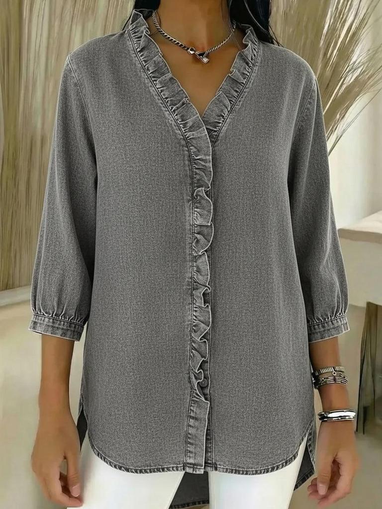 2026 Spring/Summer Women's Casual Faux Denim V-neck Ruffle Shirt Top