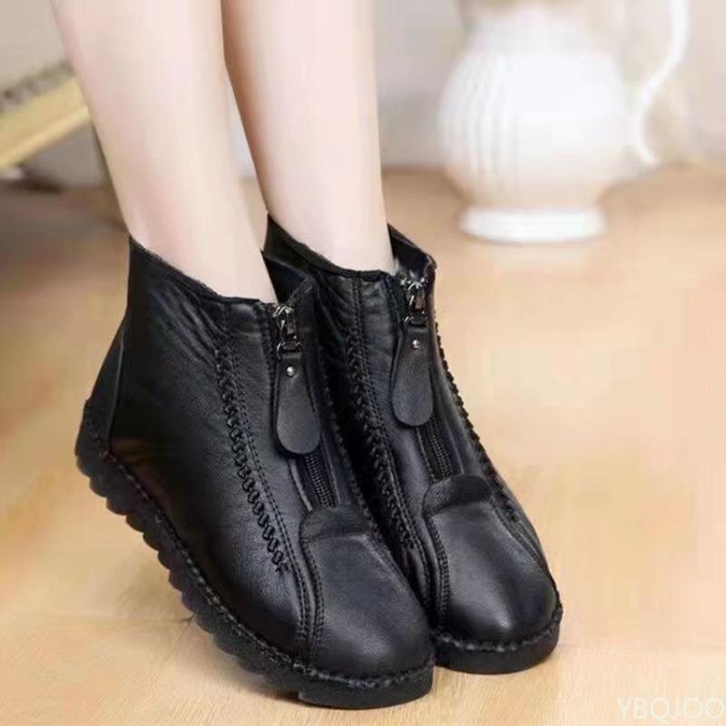 Fashion Winter Women Ankle Boots Fashion Warm Mother's Boots Flat-Bottom Comfortable Non Slip Front Zipper Closure Female Footwear