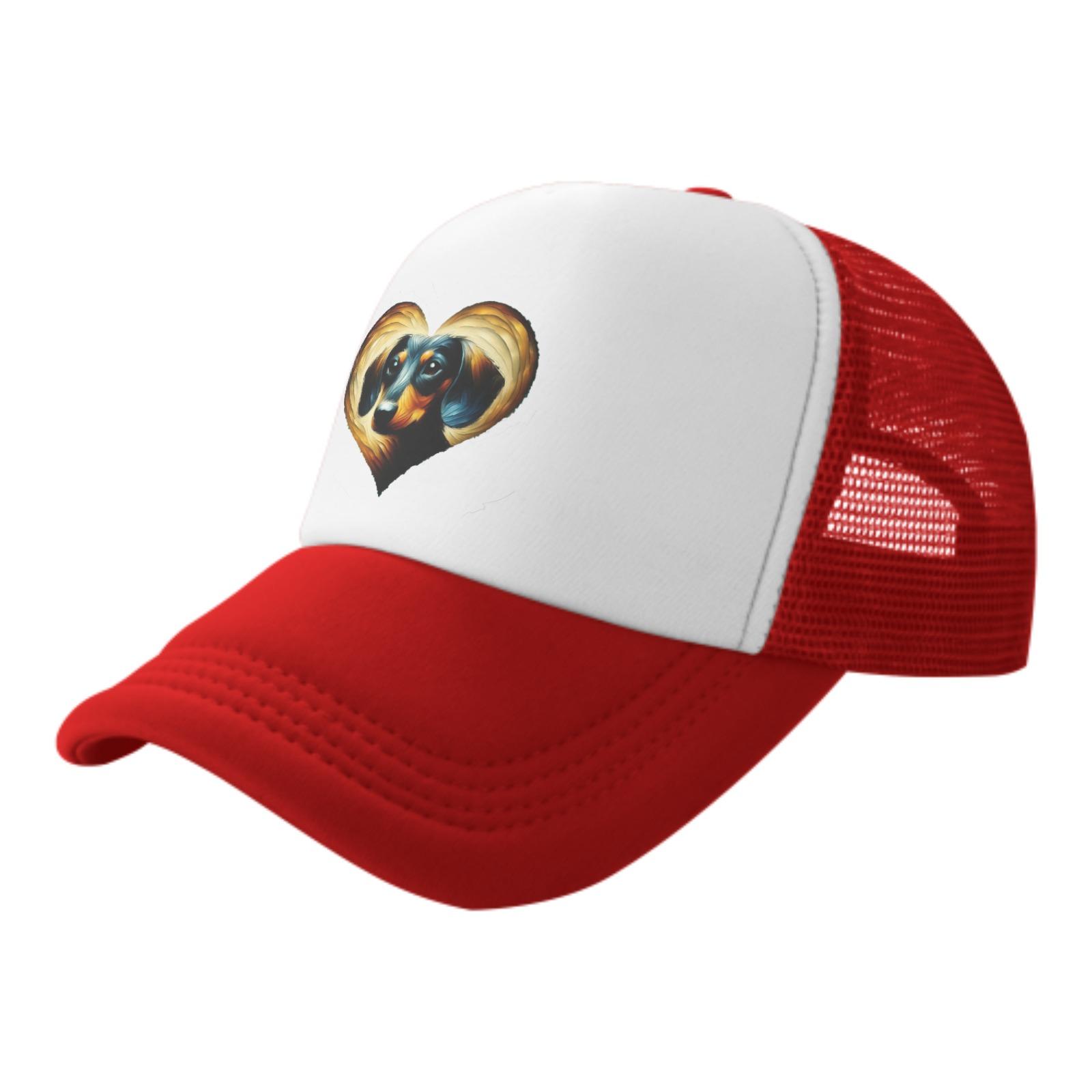 

Dachshund Heart Print Mesh Trucker Hat Polyester Casual Outdoor Adjustable Snapback Cap Pets Owners Outdoor One Size