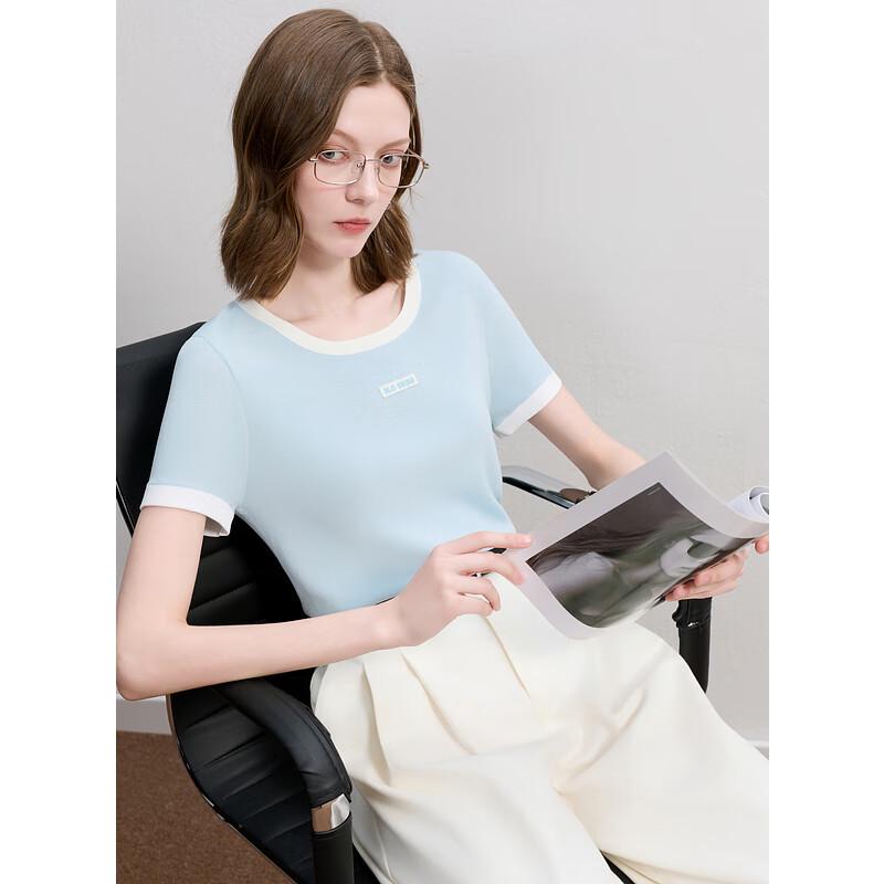 

Sancai Color-block Round Neck Short Sleeve Knit Top L