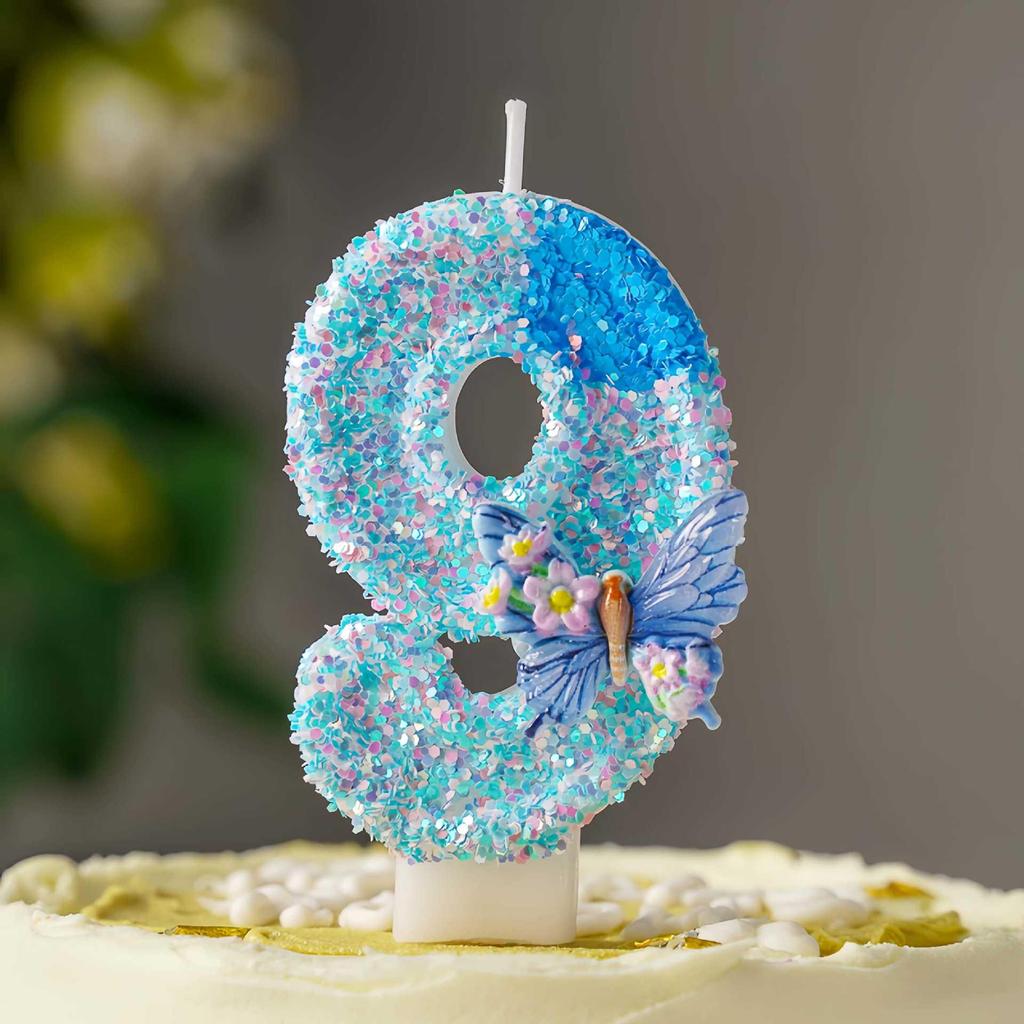 Blue Butterfly Love Flowers DIY Number Birthday Candles 0-9 - Cake Decoration