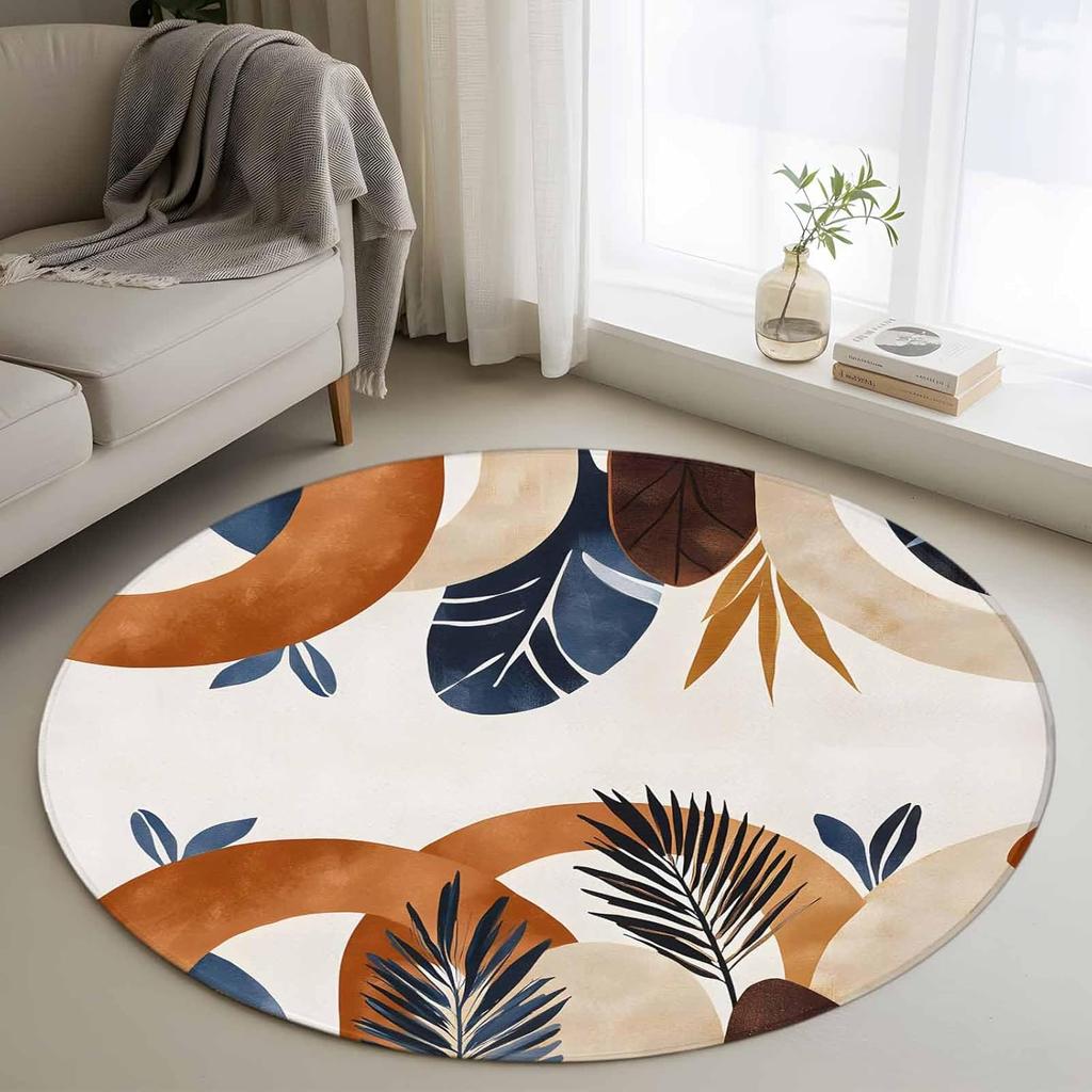 Tropical Leaf Round Rug Boho Plant Print Carpet Stylish Contemporary Abstract Round Floormat for Living Room Bedroom Terrace