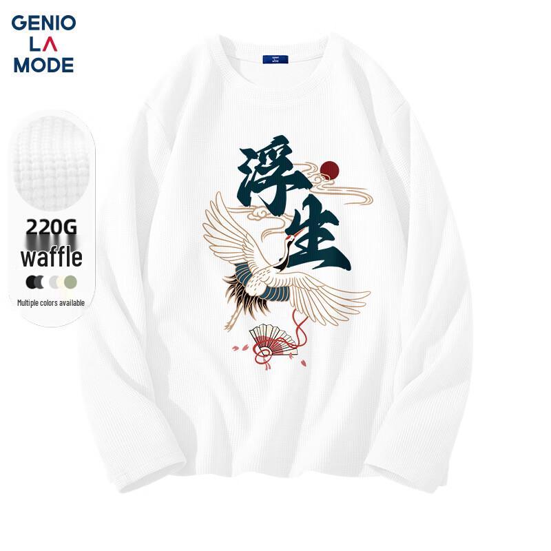 

GENIOLAMODE Men s Chinese Crane Print Waffle Knit Long-Sleeve T-Shirt M