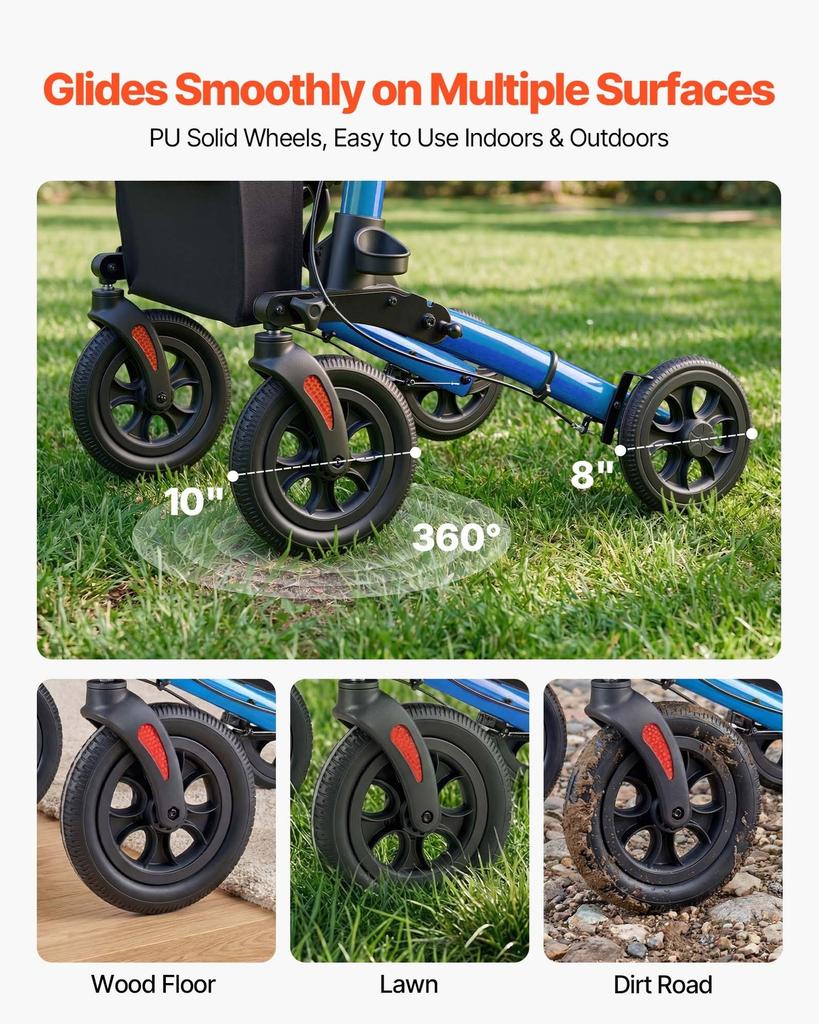 Rollator Walker with Seat for Seniors, Ultra Compact 3-Fold Rolling Walker, Lightweight Aluminum Mobility Walking Aid with PU Solid Wheels, Adjustable