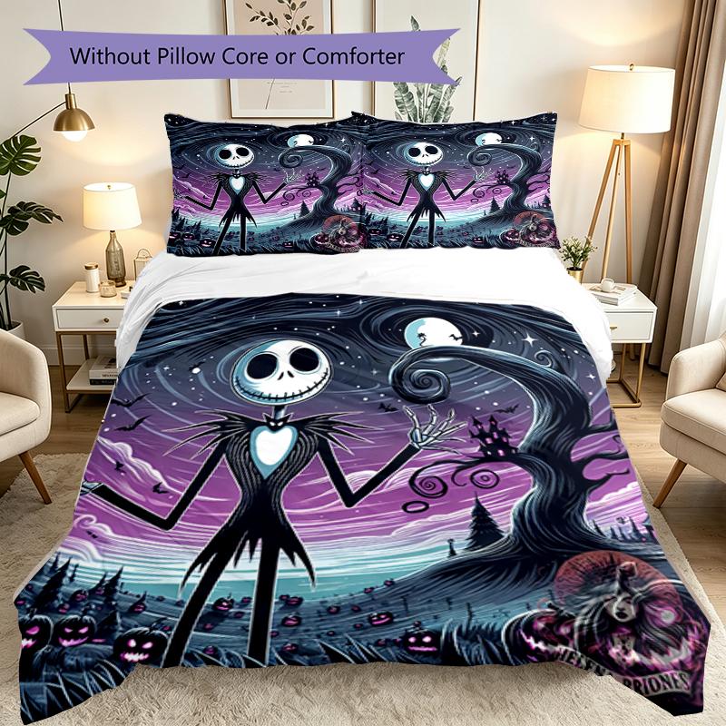 3pcs Duvet Cover Set, Halloween Jack Sally Skull Bedding Set, Machine Washable, Breathable Fabric, All-Season Cozy Bedroom Accessory