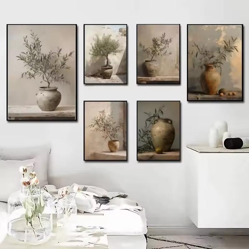 Flores Abstractas Modernas Plantas en Maceta Póster sin Marco Jarrón Vintage Pintura sobre Lienzo Decoración de Pared Decoración Bohemia para Habitación del Hogar