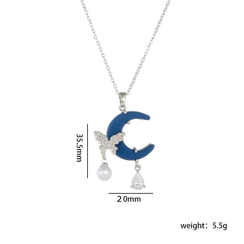 Stainless Steel Chain Sweet Shiny Zircon Butterfly Resin Moon Pendant Necklace for Women Lady Fashion Jewelry Accessories Gifts