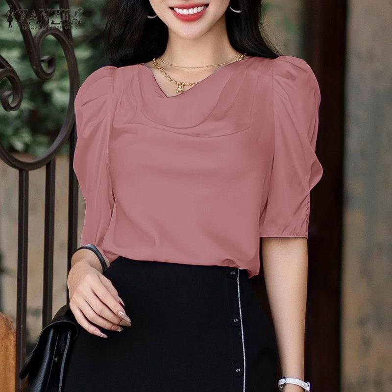 ZANZEA Damska casualowa bluzka z kołnierzem ze sztucznego futra, gładka, z krótkim rękawem