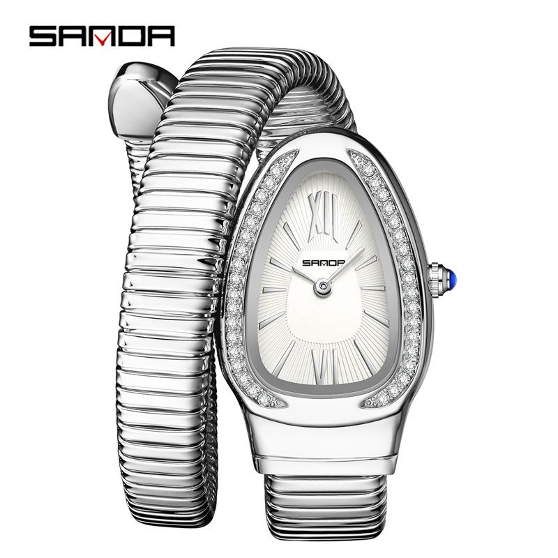 SANDA Fashion Women's Quartz Watch Serpentine Inlaid Diamond Women's Watch Retro Light Luxury Women's Quartz Watch