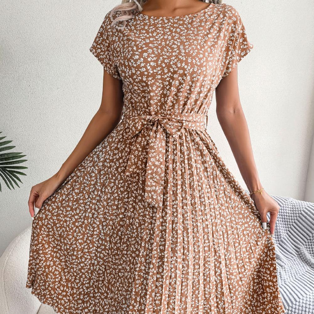 Abito donna primavera estate manica corta a vita alta chic moda floreale pieghettato abito lungo a linea