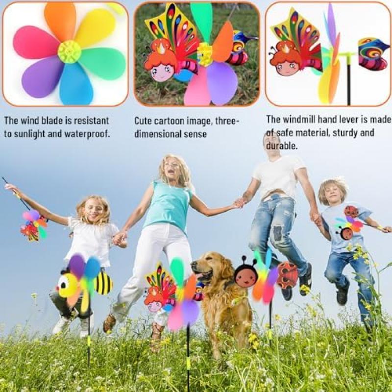 Hillylolly 3-Piece Animal Wind Spinners, Bee Butterfly Ladybug Design, Large Colorful Plastic Garden Windmill for Yard Balcony Patio Decor