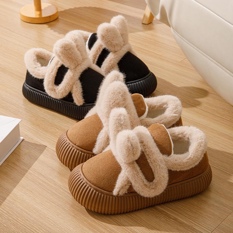Fashion Women Winter Fluffy Slippers Indoor Warm Shoes Cute Cartoon Ear Soft Fur Anti-slip Female Home Street Daily Walking Cotton Shoes