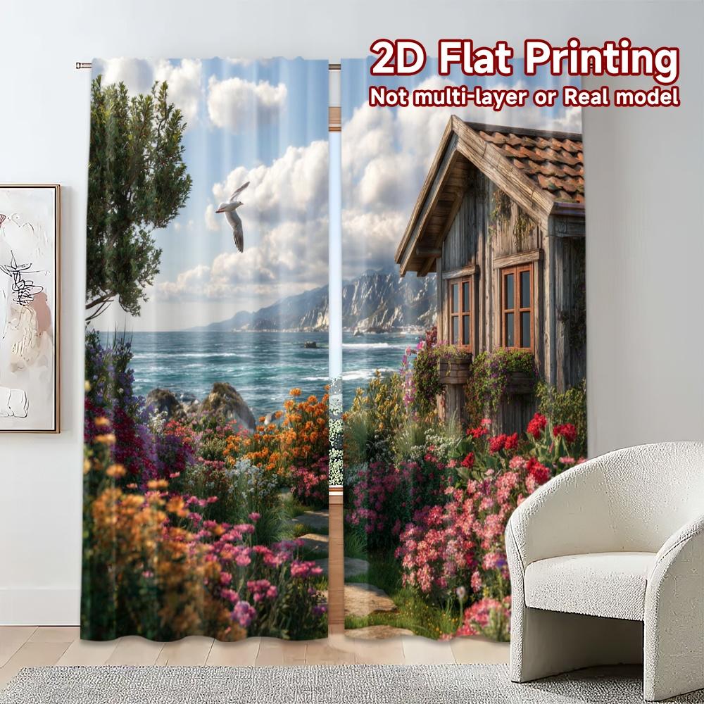 2pcs, 2D FLAT PRINTING Curtains (Without Rod) Seaside Cottage Popular Curtain Polyester Curtains Decorations Outdoor Suitable
