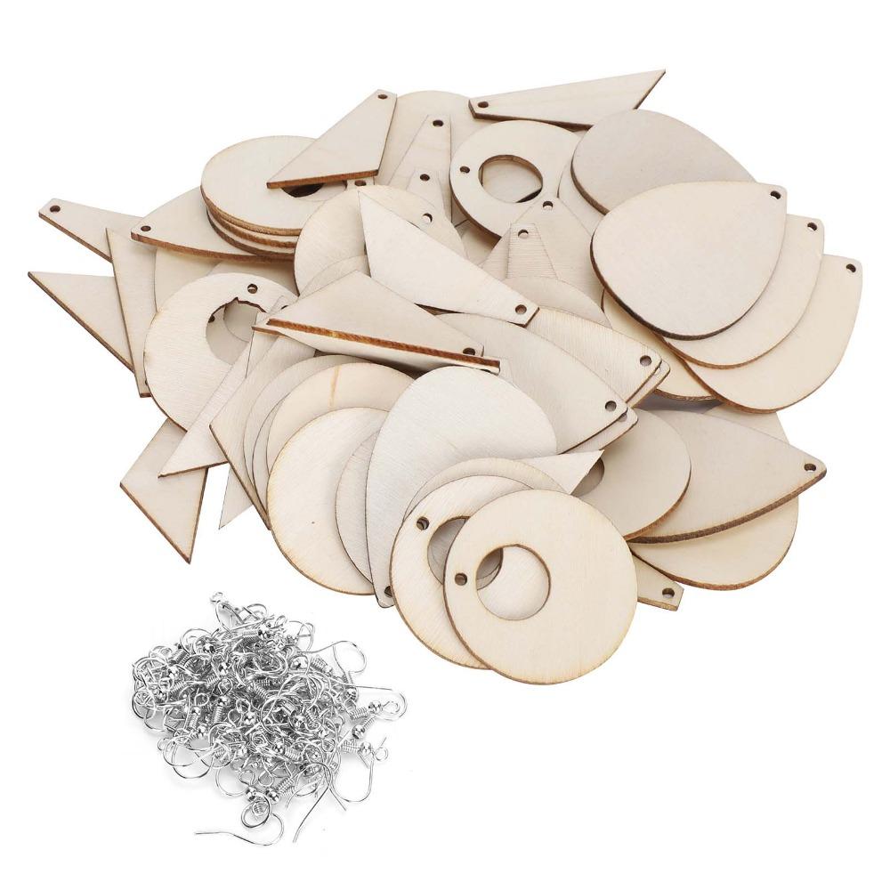 60PCS Wood Handmade DIY Wood Wooden Earrings Round Teardrop DIY Earrings 3 Sizes Tapered Unfinished Pendants DIY Craft