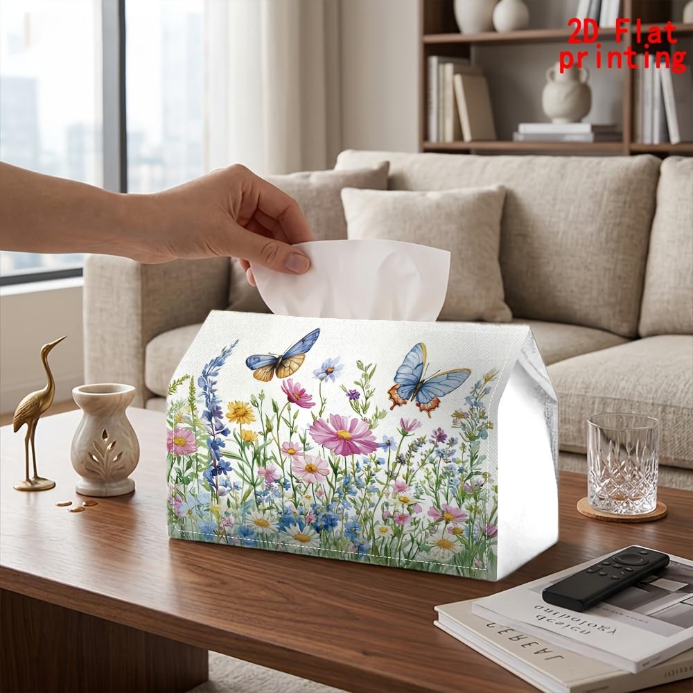 2D Flat 1pc, Tissue Box. Colorful Floral And Butterfly Pattern Napkin Dispenser, Reusable, Daily Desktop Tissue Organizer, Suitable for Kitchen Living