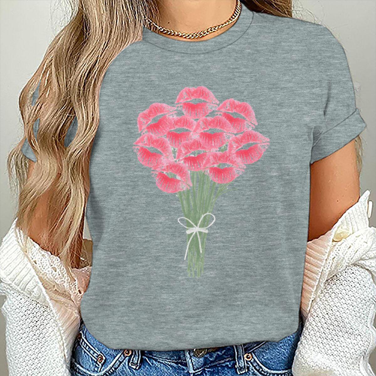 

Pink Kisses Flower Bouquet Woman T-shirts Funny Lipstick Bouquet Design Printed Short Sleeve Crew Neck T Shirt Clothing S