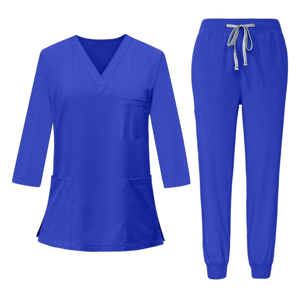 Set da Lavoro da Donna a Manica 3/4 con Top Scollo a V e Pantaloni Jogger, Uniforme Morbida ed Elastica per Professionisti Medici