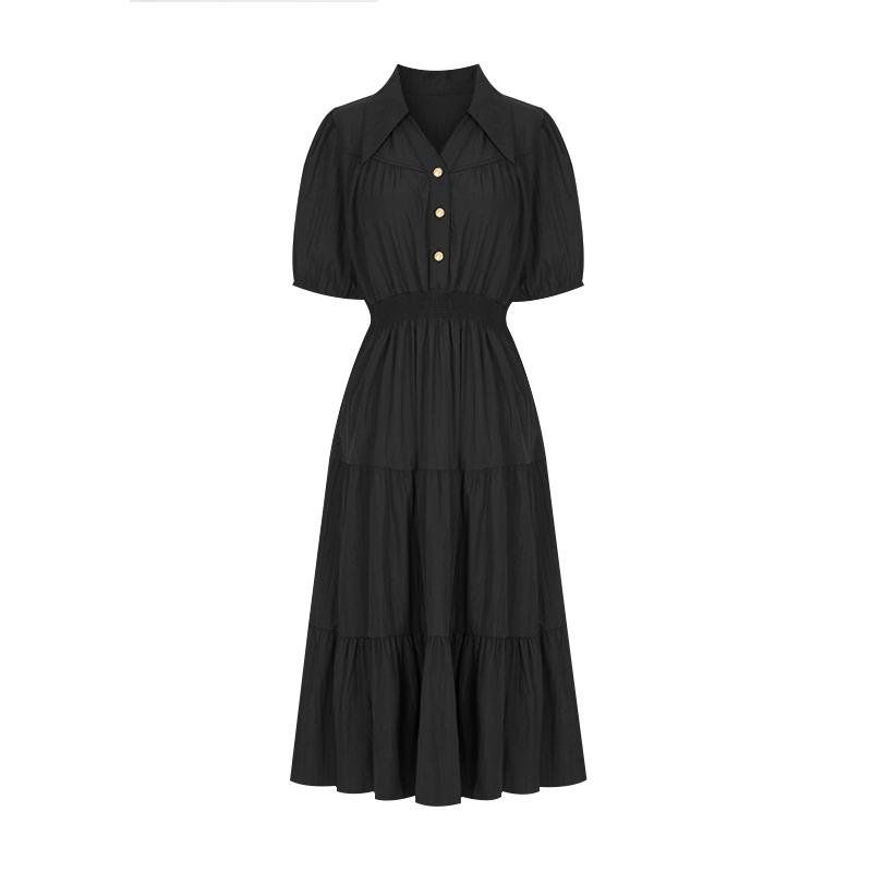 T View Collar Gold Embellished Shirred Flare Dress_V6B-Cop042