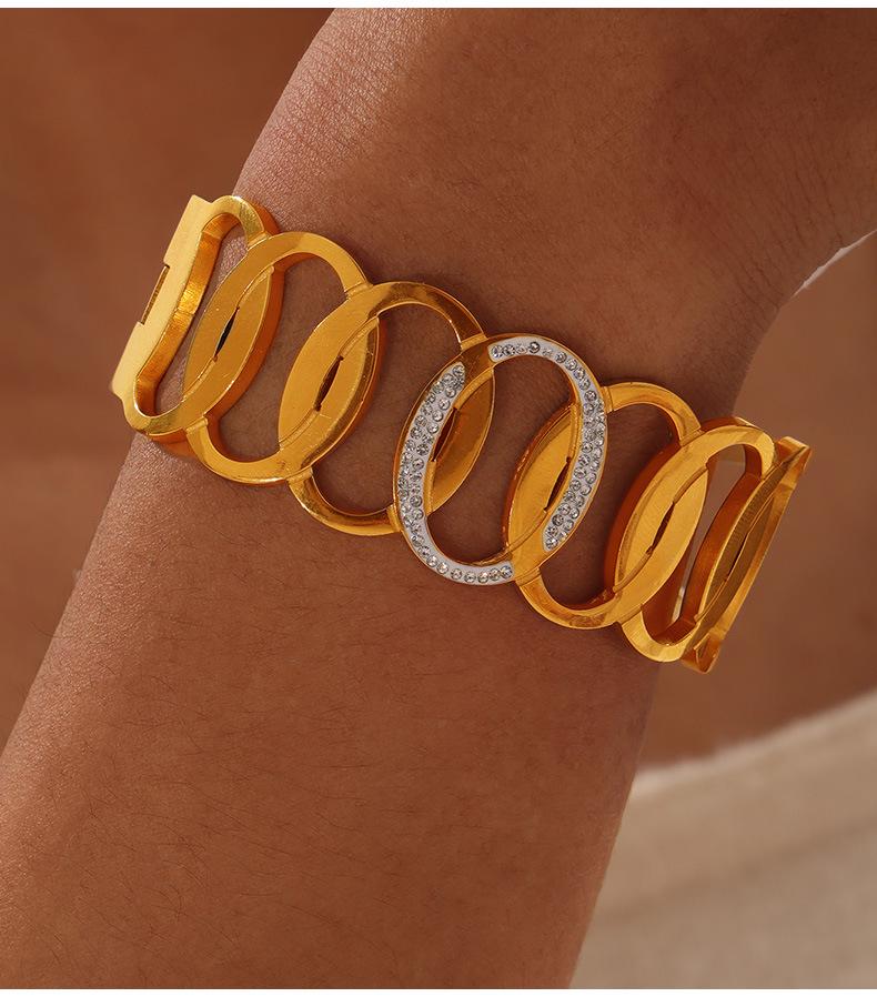 Gold Rhinestone Geometric Multi-layer Titanium Steel Bracelet for Women with Spring Clasp