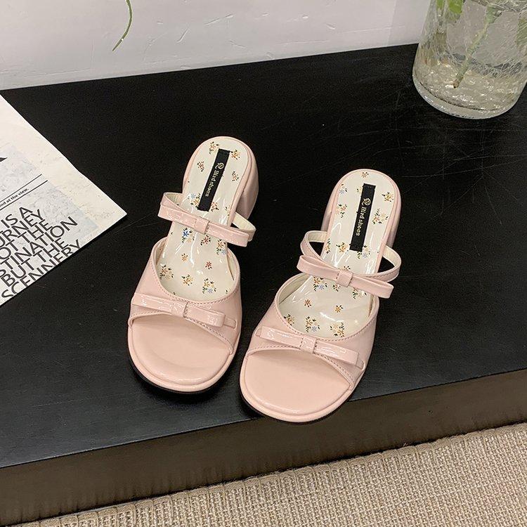 

2025 French fairy style with skirt sandals female thick heel open toe going out on the beach word with bow sandals 35