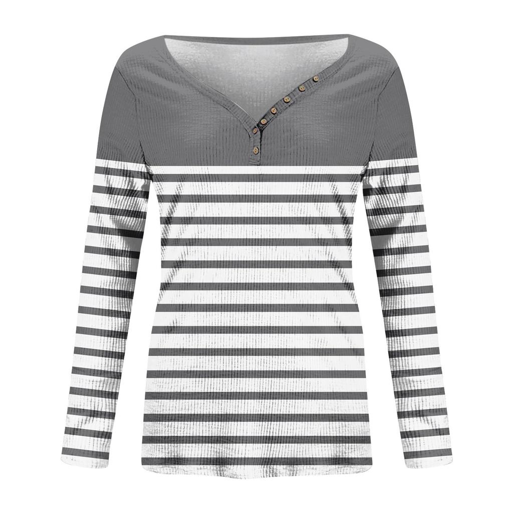 Women's V Neck T-shirt Fashion Casual Print Button Long Sleeve Top