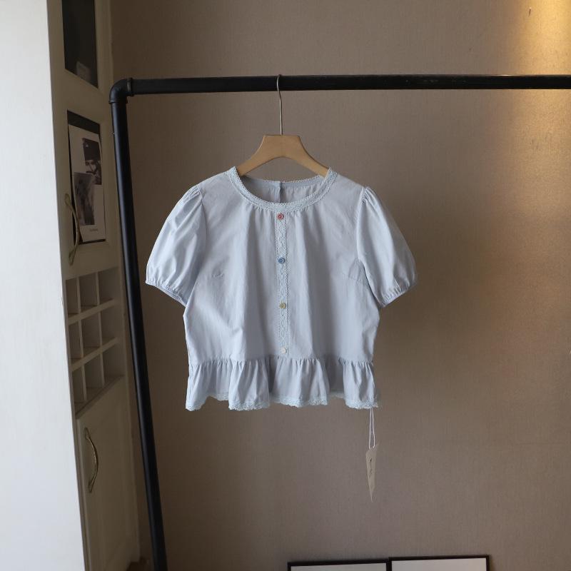 

[Bi Zheng] 2025 Summer Korean Style Lace Trim Round Neck Bubble Sleeve Women s Shirt One Size синій