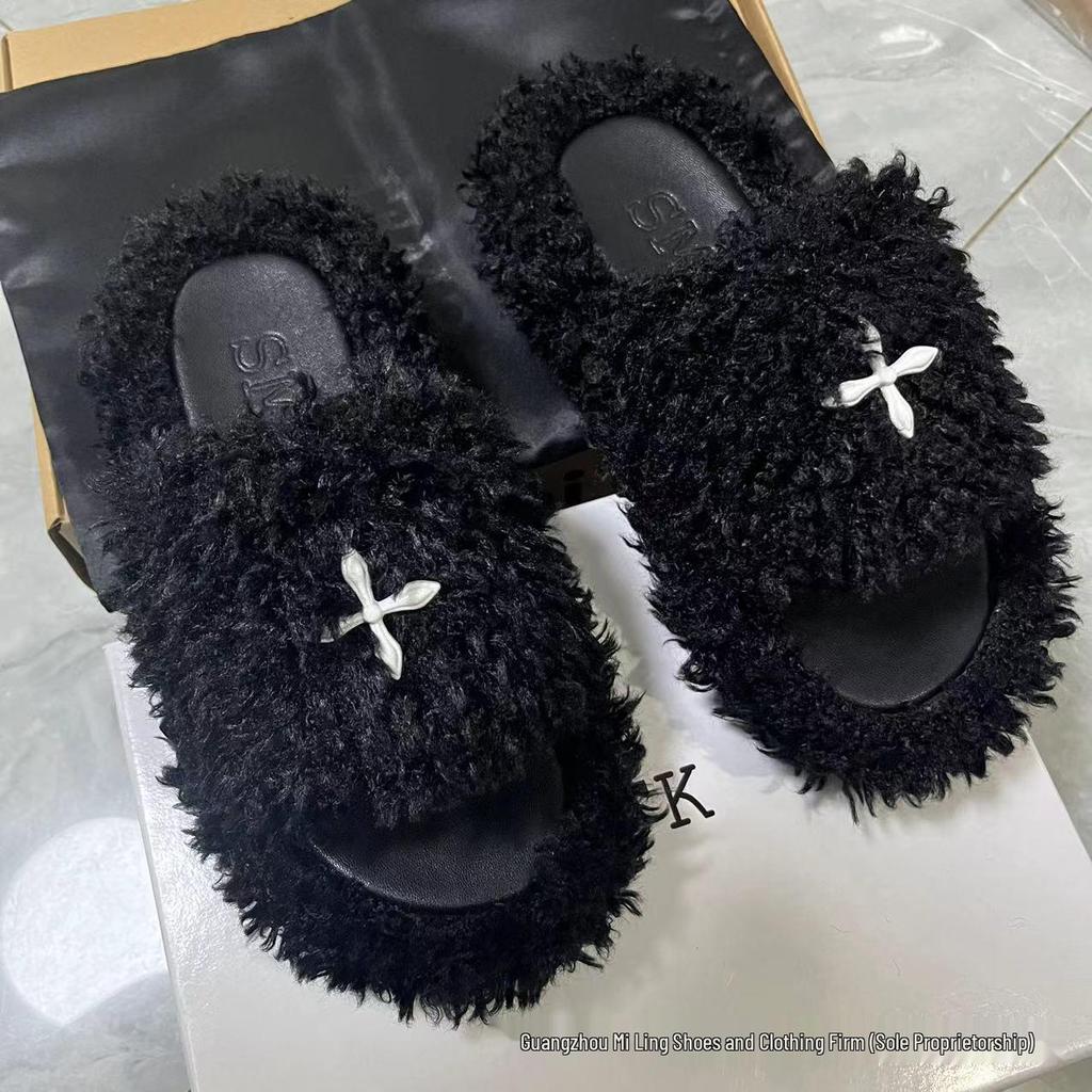 2024 High-Version SMF-K Fur Slippers: Thick-Soled Leather & Velvet Cross Design in Black/Gray