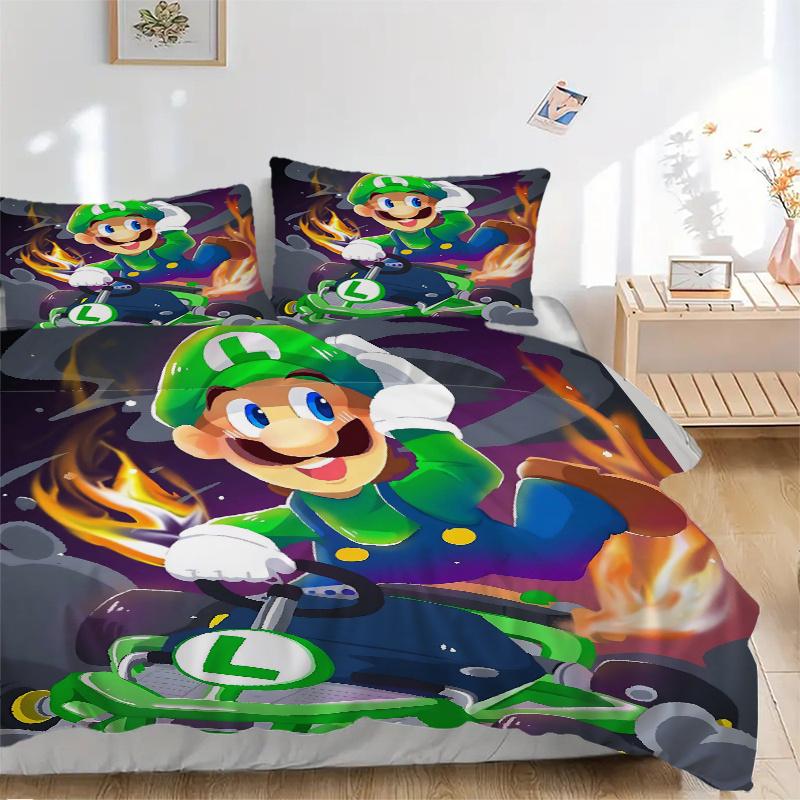 3pcs Luigi's Inferno Racer Printed Quilt Set - Includes 1 Quilt Cover and 2 Pillowcases, Machine Washable - Suitable for All Seasons.W054
