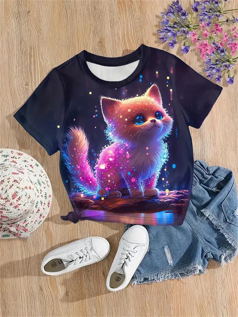 Fun Girl T-shirt Summer Short Sleeved Top Cartoon Animal Cat 3D Printing 2025 Girl Clothing