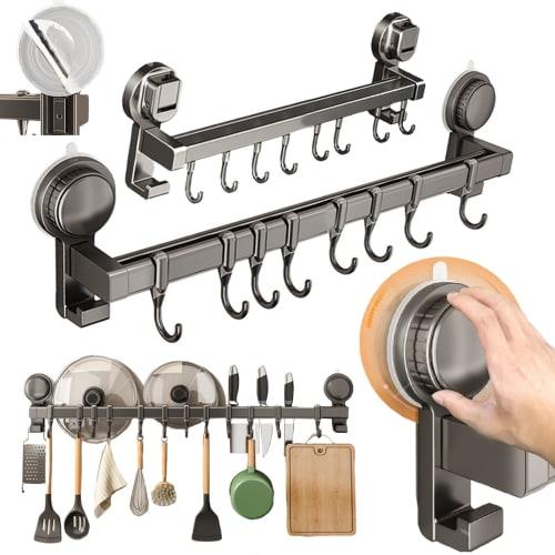 Kitchen Tool Hooks, Suction Cup Hooks, Kitchen Tool Storage, Wall-Mounted Hooks, Strong Suction Cups, Aluminum Kitchen Rack, Double Bar, Movable Hooks