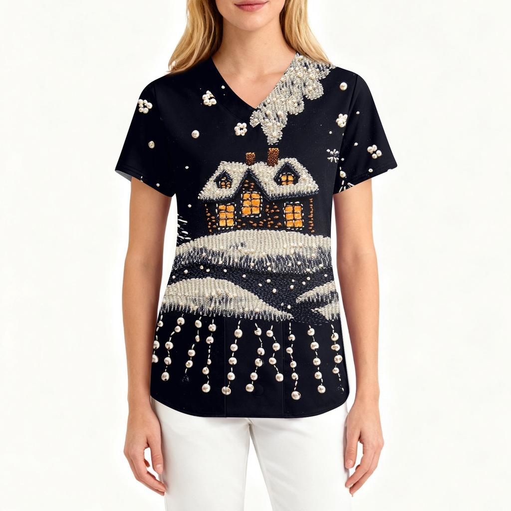 Damen Modische V-Ausschnitt Arbeitskleidung Weihnachten Bedruckt Kurzärmlig Tasche Seitenschlitz Arbeitskleidung Basic Pullover Top