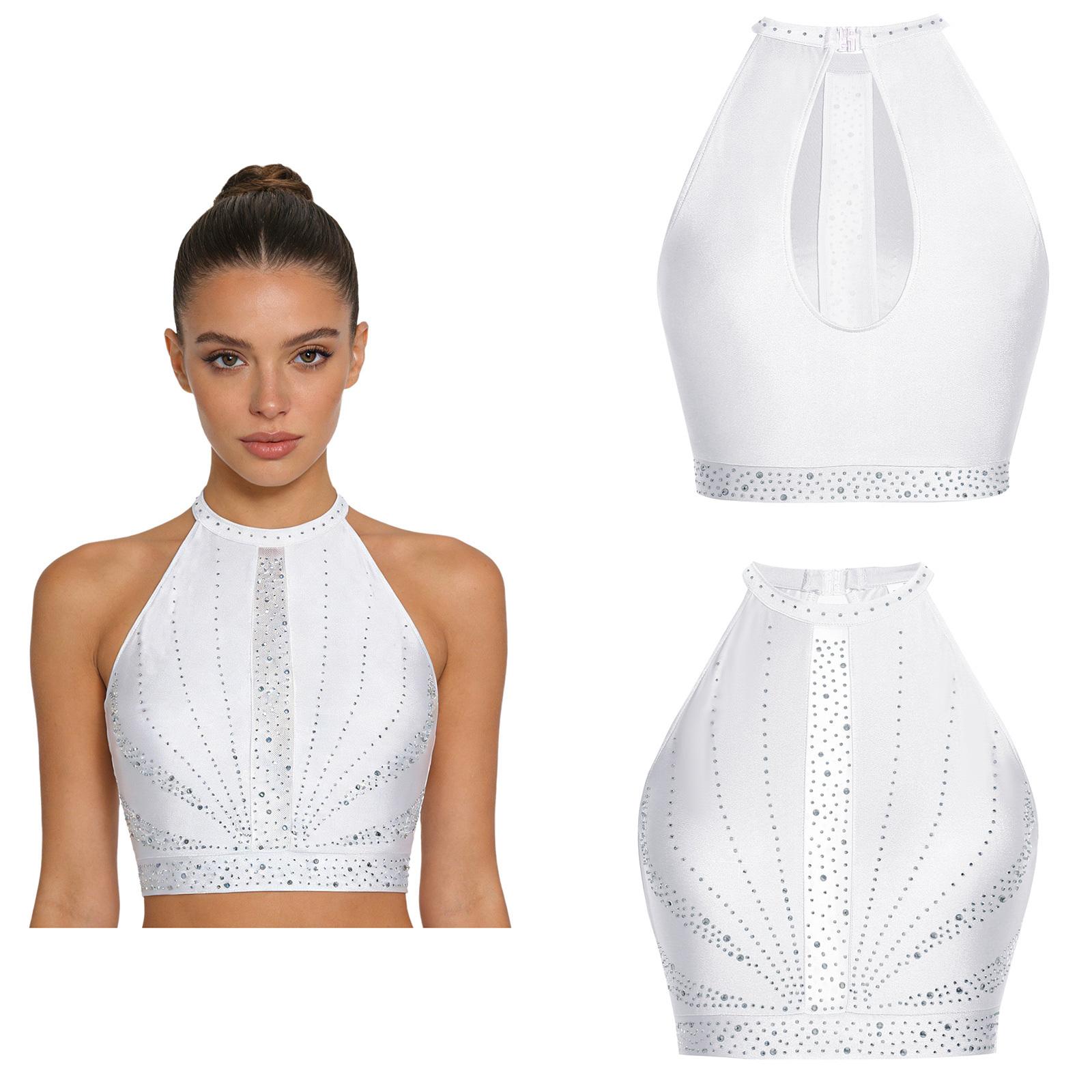 Damen Tanktop mit Strasssteinen S-XXL Rückenausschnitt Ärmelloses Crop-Top für Lyrischen Bauchtanz Kostüm Bühnenkleidung S white