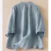 Women's Solid Color Cotton Linen Five Quarter Sleeved Retro Breathable T-Shirt Stand Up Collar Top