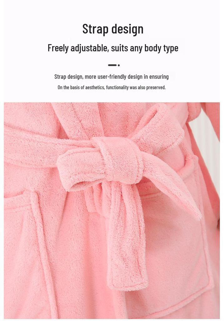 Women's Mid-Length Coral Fleece Yukata: Warm Autumn & Winter Bathrobe with Lapel
