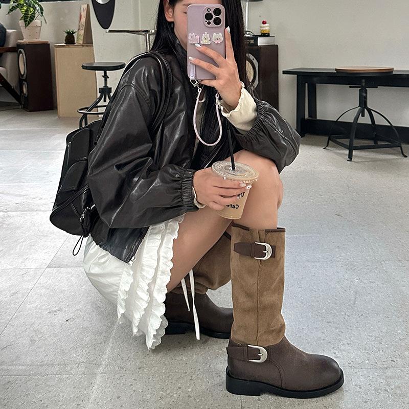 Boots Women's Boots 2025 New Thick Heel Round Toe Splicing Western Boots Pleated Stack Boots Knight Boots