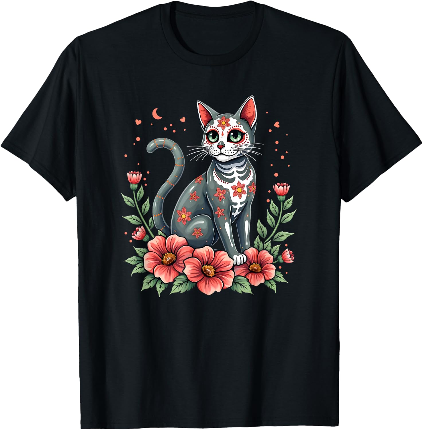 Mexican Heritage Cat Sugar Skull with Flowers Men Women T-Shirt M