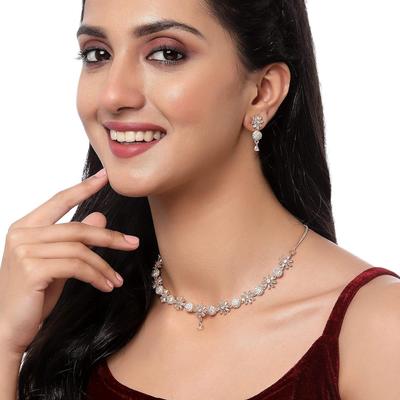 ZENEME Rhodium Plated Silver Toned White American Diamond Studded Necklace