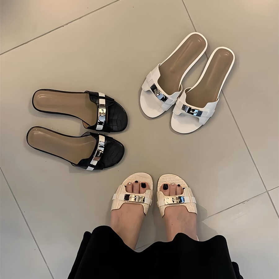 Sheepskin version~ Xiaoxiangfeng h slippers small gold buckle crocodile pattern French pregnant women wear sandals soft bottom beach half slippers