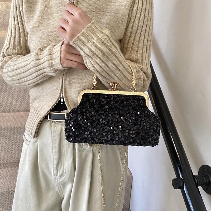 Sequin Evening Bag For Women With Chain Strap And Lock Closure For Party And Night Out