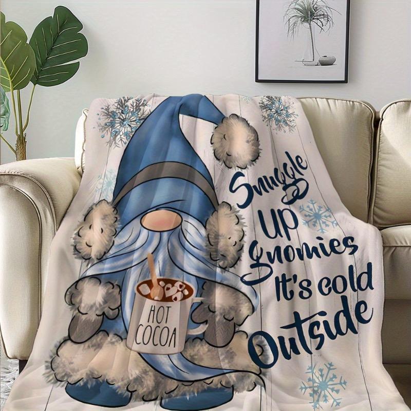 1pc Cozy Winter Gnome Fleece Blanket with Snowflakes & Hot Cocoa Design - Soft Warm Polyester Throw