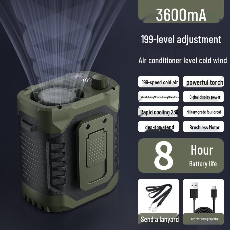 

Portable Outdoor Hanging Waist & Neck Fan - Long Battery Life, Powerful Cooling, Rechargeable Army Green 3600mAh