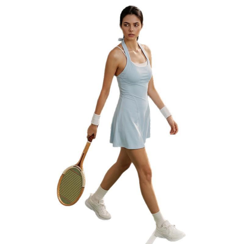 Womens Sporty Halter Neck Tennis Dress With Built-in Bra Pad Colorblock Bow Detail Activewear Running Yoga