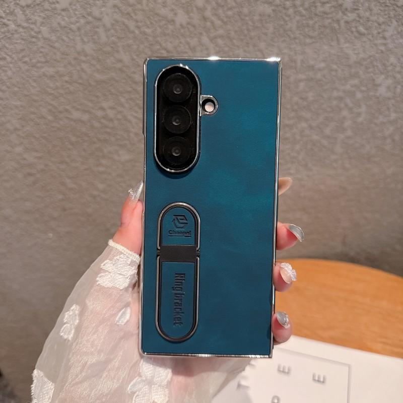For Samsung Galaxy Z Fold 8 7 6 5 4 3 Phone Case, Skin-like Feel, Electroplated PC Leather, Finger Ring Stand,