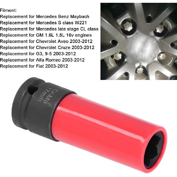 AMAKO 17Mmx6 Flower Design Lug Nut Remover Tool Red & Black Car Wheel Lug Nut Socket for, S Class W221, Cl, Aveo, Cruze, 1.6L 1.8L 16V Engines