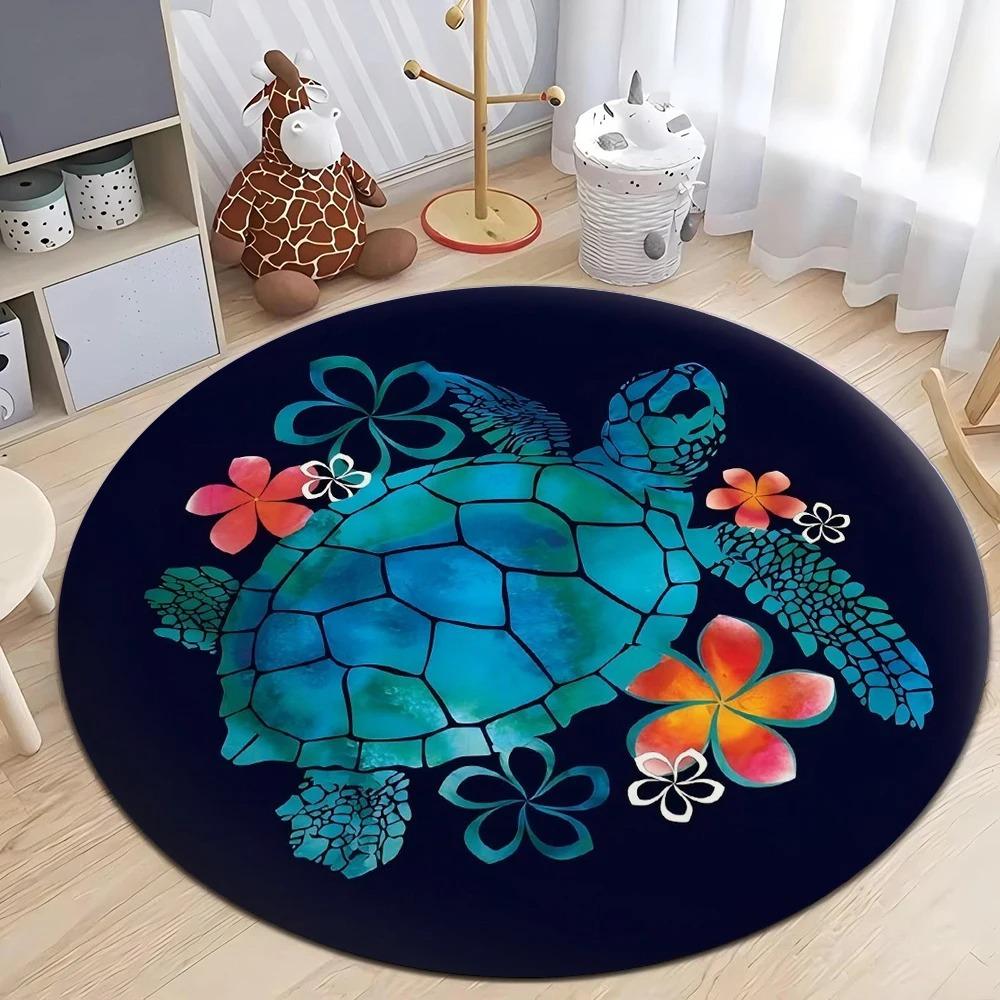 Sea Turtle Group Beach Round Rug Durable Floor Mat for Kids Room Living Room Ocean Theme Home Decor Carpet